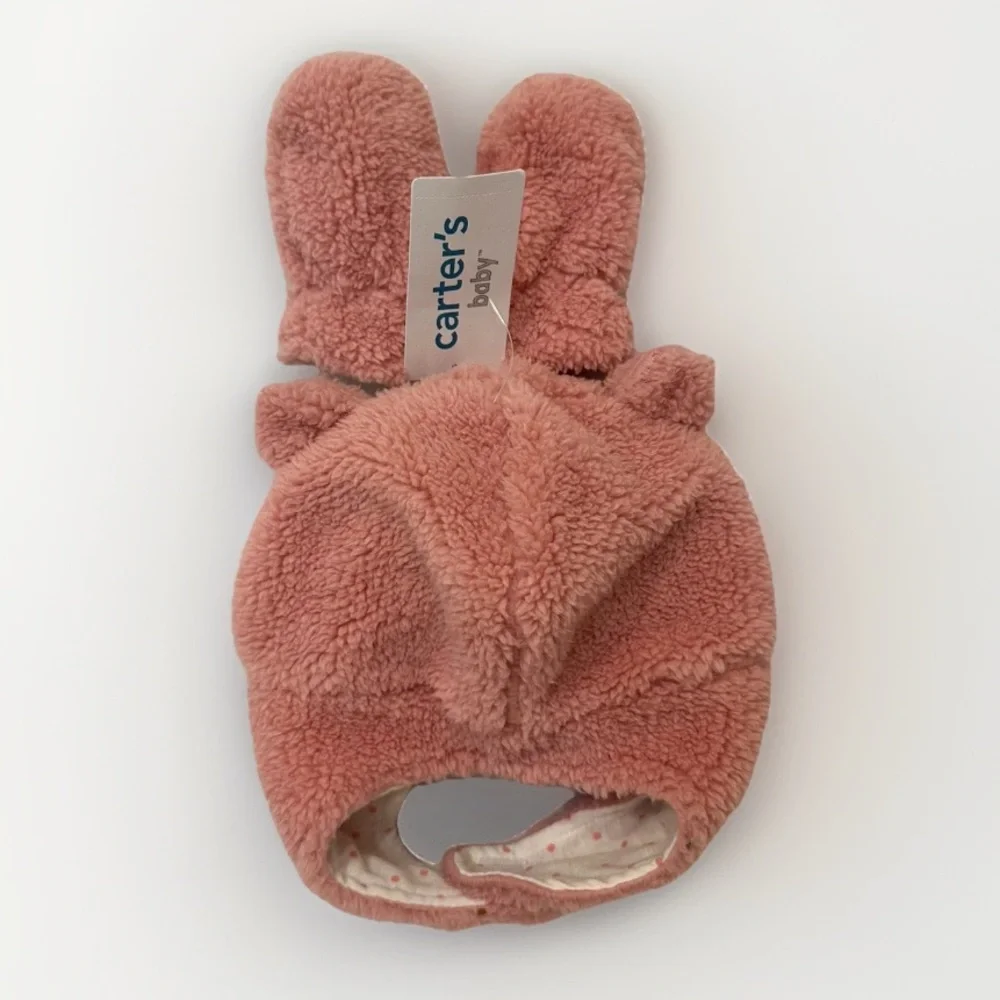 Carters Baby Girl Hat & Mitten Set Lined With Chin Strap Pink 0-9M NWT